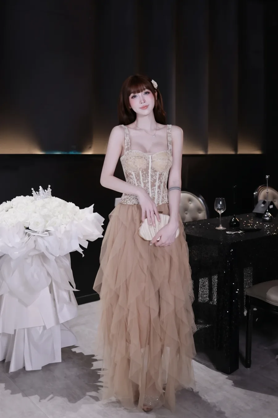 beige ankle-length dress