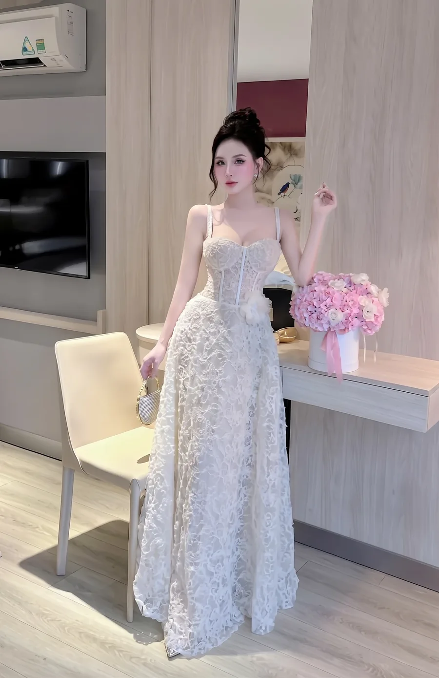 Floor-length white lace A-line gown
